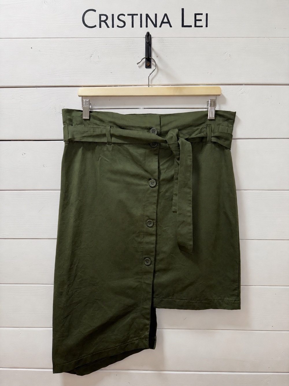 CRISTINA LEI Olive Green Asymmetrical Button Front Belted Skirt Size S